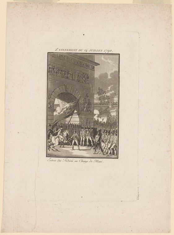 Engraving of thousands gathered before a classical arched gateway beneath a flag, the Champ de Mars, Paris, July 14, 1790.