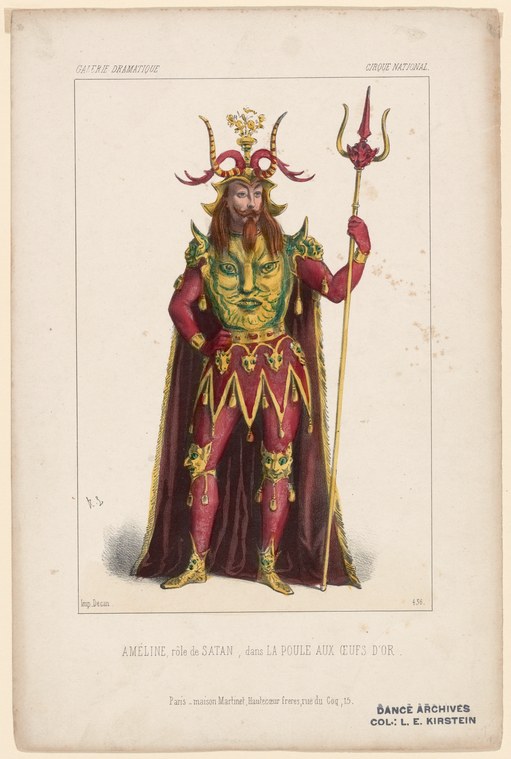 Hand-colored engraving of a theatrical figure in demonic costume: burgundy robe with gold trim, grotesque face-mask, devil horns, holding a trident.