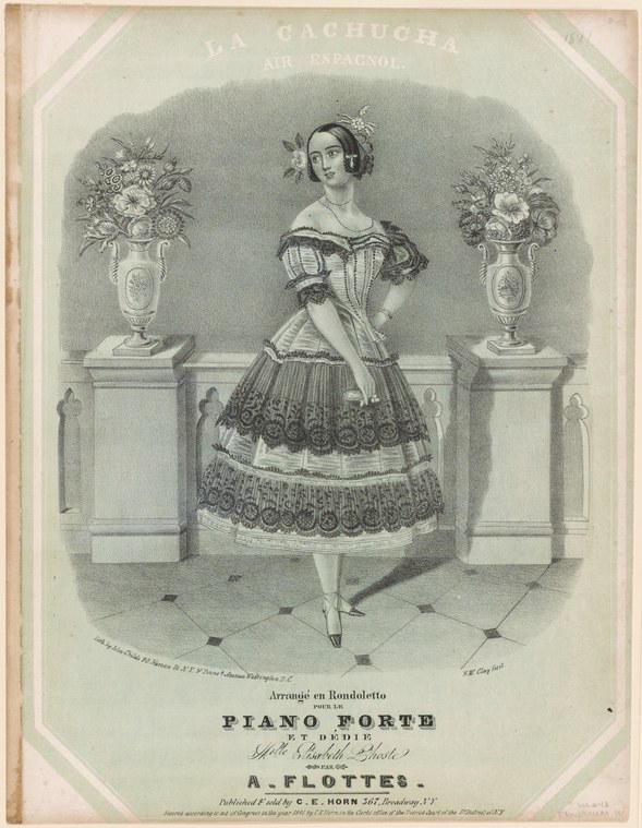 Engraving of a woman in a white off-shoulder dress with a tiered ruffled skirt, posed mid-dance with one arm extended, flanked by flowering urns.