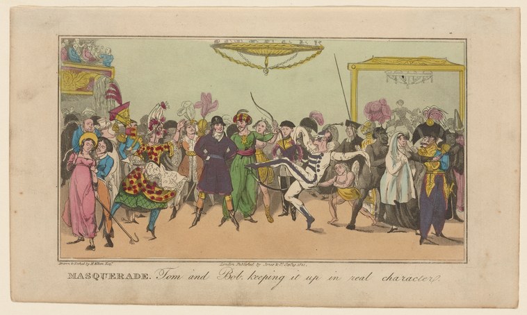 Crowded masquerade ball with skeleton-costumed figure at center in wild pose, surrounded by elaborately dressed guests in empire-waist gowns and formal dress.