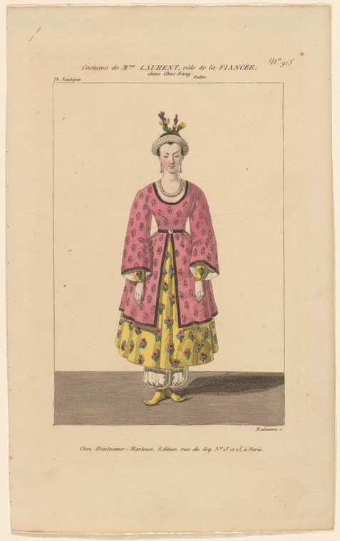 Hand-colored engraving of a woman in an ornate rose-pink patterned robe over a yellow skirt, wearing an elaborate headdress, standing frontally.