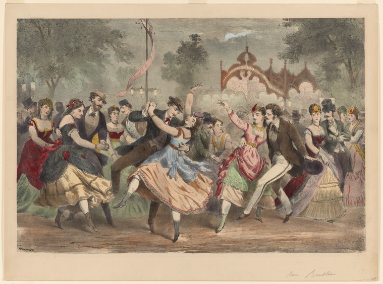 Hand-colored engraving of a crowded outdoor dance pavilion with Victorian-dressed couples waltzing, a woman in peach mid-turn in the foreground.