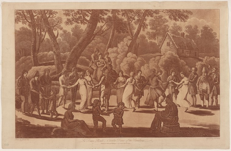 Engraving of dancers in a ring beneath forest trees, with children in foreground and cottage in distance.