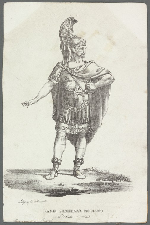 Eighteenth-century engraving of a man in Roman military dress and crested helmet, standing in a formal theatrical pose with right arm extended.