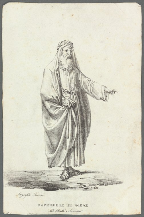 A man in classical robes and wreath stands facing forward, left arm extended in a speaking gesture, in a line engraving.