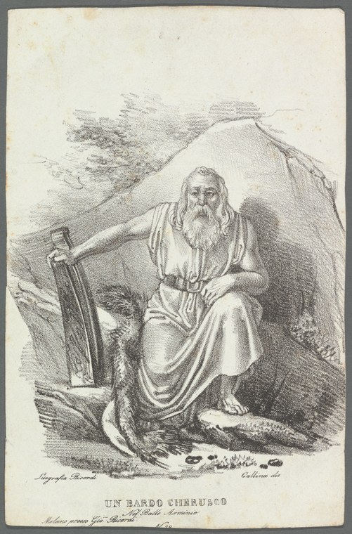 Engraving of bearded old man in classical drapery seated on rocky ground, holding an axe, with wind-swept trees behind.