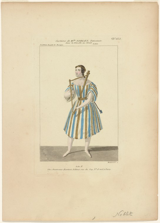 Hand-colored engraving of a female dancer in a blue and cream striped dress holding an ornamental harp.