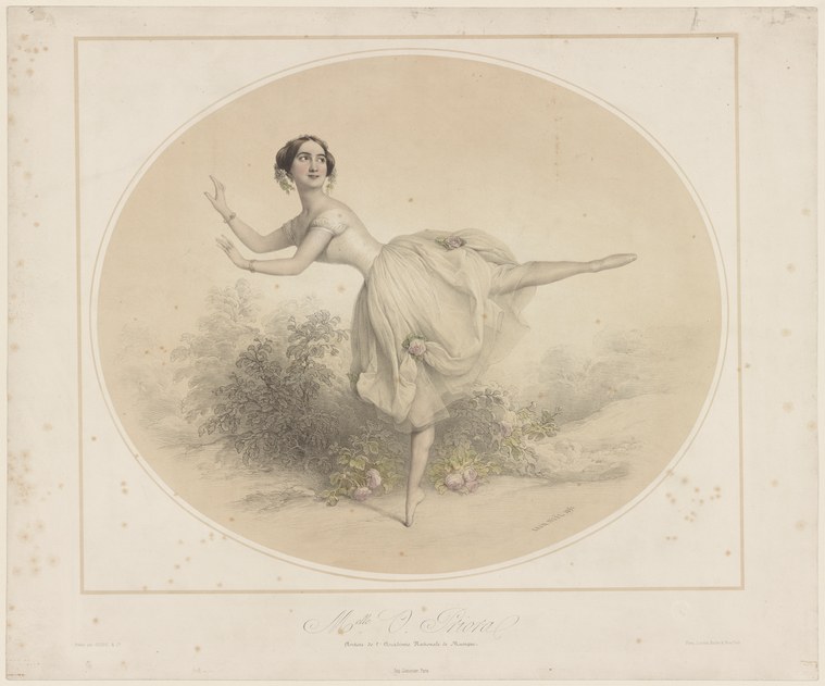 A young woman in a white gown leaps weightlessly, arms raised, gazing upward, in a hand-colored lithographic print.