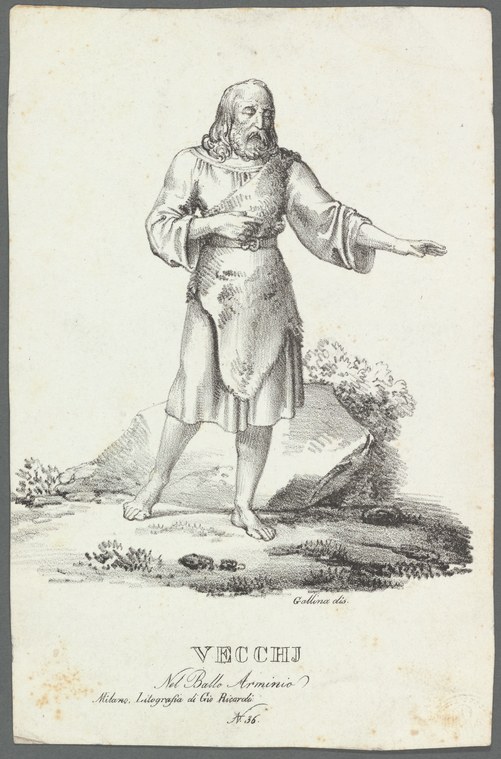 Engraved figure of a barefoot man in classical tunic, arms raised in gesture of speech, standing on rocky ground.
