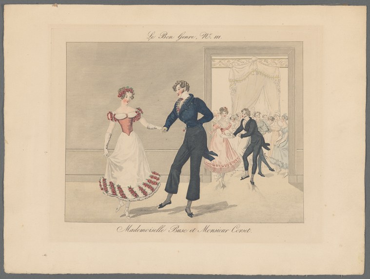 A man in dark coat and a woman in white Empire gown with coral sleeves stand facing each other in a ballroom, with onlookers clustered near a doorway behind