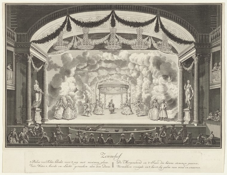 Engraving of a formal 18th-century court spectacle showing dancers in costume arranged on stage beneath ornate architecture and clouds.