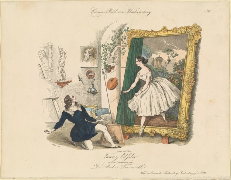 Woman in dark dress kneels before a large gilded frame containing an image of a ballerina in white tulle, en relevé in a landscape.