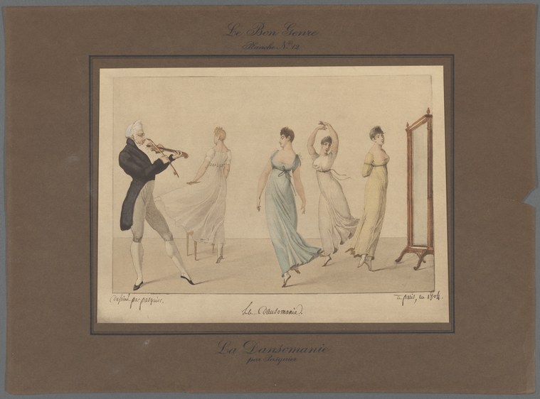 Five fashionably dressed women and a contorted violinist demonstrate exaggerated, awkward dance poses in a 1804 satirical print mocking dancing mania.