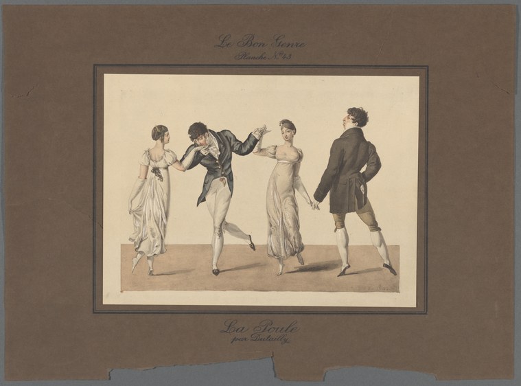Four figures in Empire-era dress enact a flirtation scene: two women in muslin gowns, two men in coats, in exaggerated theatrical poses of courtship and