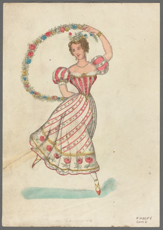 A male dancer in a red and white striped costume, mid-leap, holding a floral garland overhead.