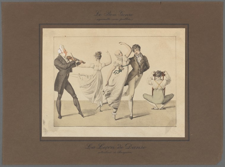 A dancing master plays violin while instructing four young dancers in raised-arm ballroom positions in a Regency-era studio.
