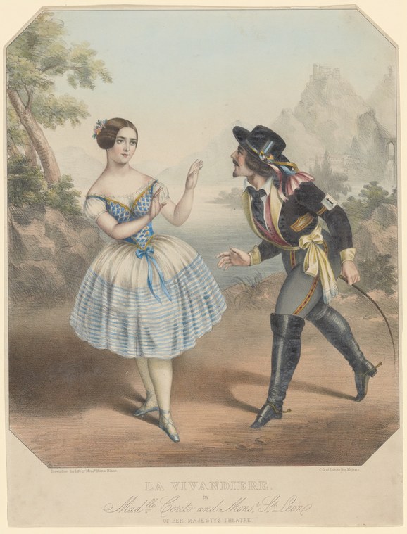 A woman in a pale blue striped dress stands before a man in military uniform in a mountainous theatrical landscape, her hand raised in a balletic gesture.