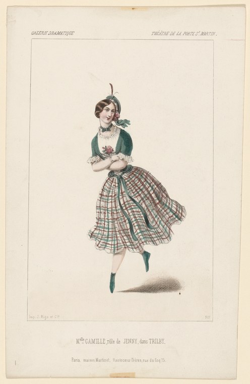 A woman in a green velvet jacket and tartan skirt holds flowers, mid-leap, in a hand-colored theater print.