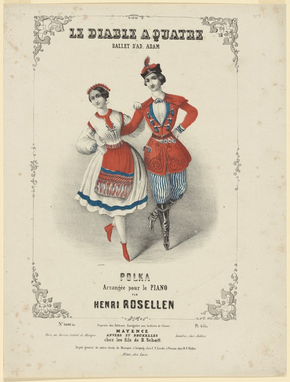 Colored lithograph of a woman in a white peasant dress and a man in a red tunic and striped tights, posed as if dancing or flirting, from a piano arrangement
