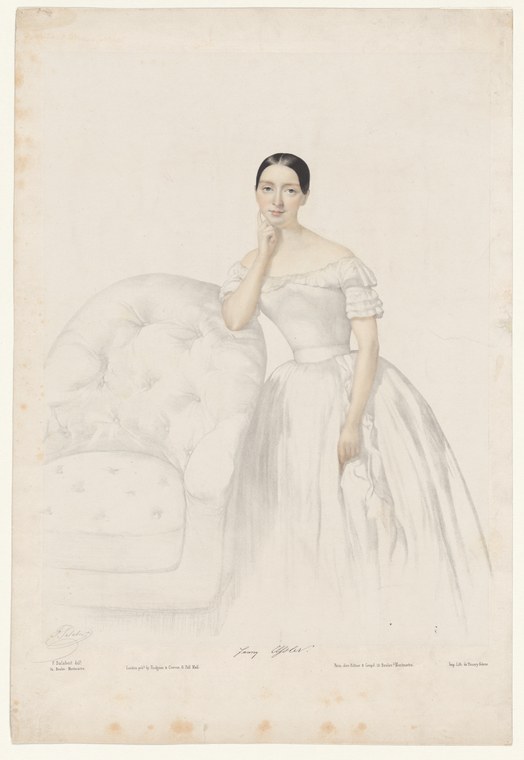 Portrait of Fanny Elssler, a Romantic-era ballerina, standing in a white ball gown with hand to her cheek in a contemplative pose.