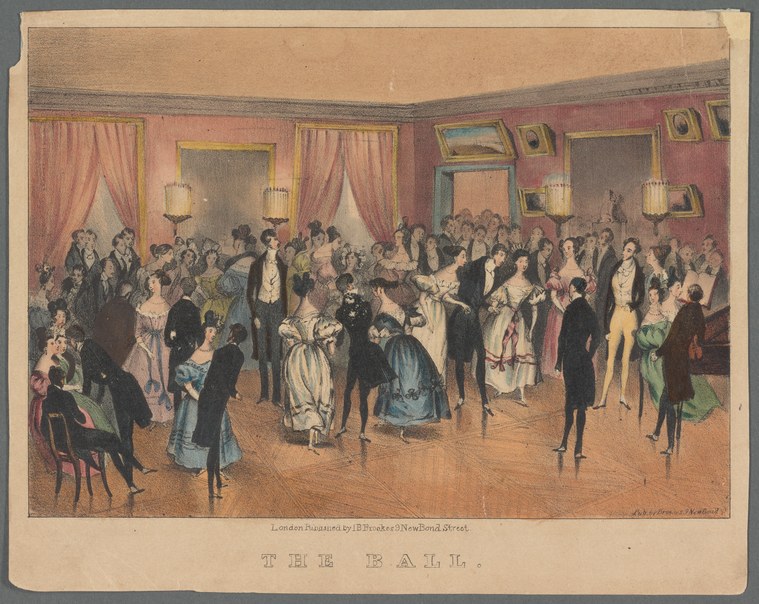 A crowded formal ball lit by gas lamps, with men in tailcoats and women in pale gowns dancing and conversing on a wooden floor.