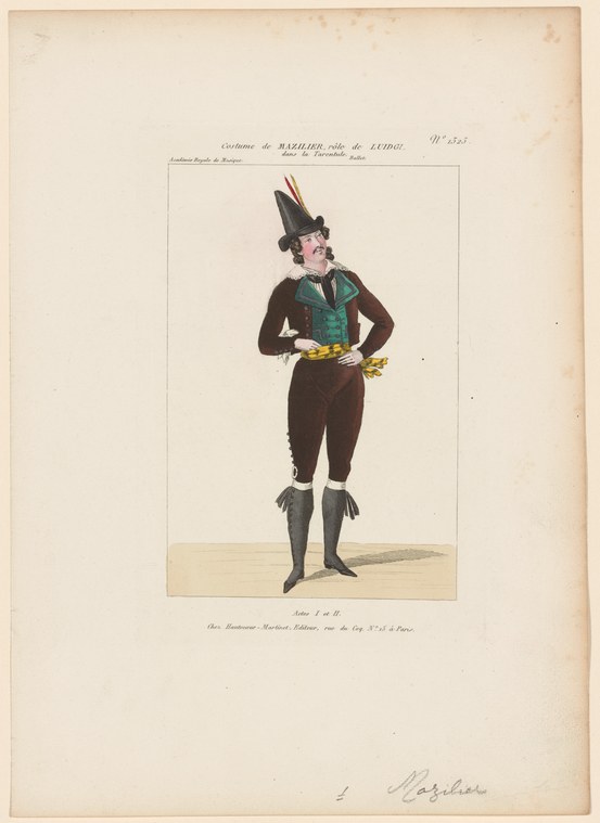 Hand-colored engraving of a male dancer in 19th-century formal dress: bicorne hat, brown jacket, green vest, white gloves, gray stockings, standing in upright