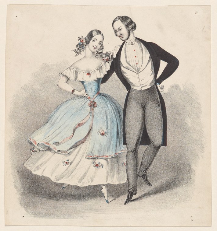 A man and woman in formal ballroom dress execute a polka, the woman's skirt swirling as she lifts her weight, both wearing flowers in their hair.