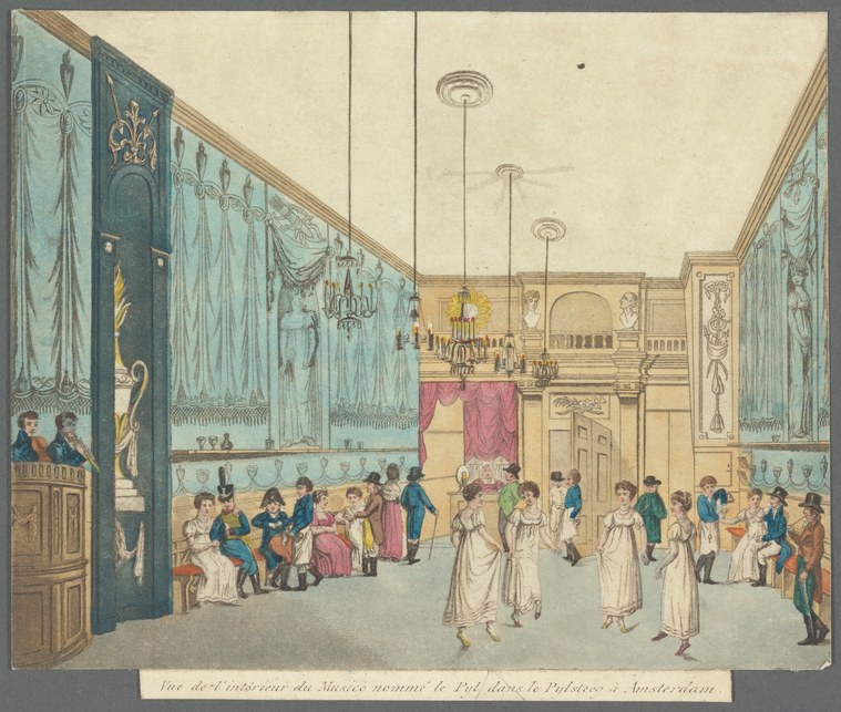 Formal ballroom scene with couples in Regency dress dancing in a grand neo-classical hall with blue wall panels.