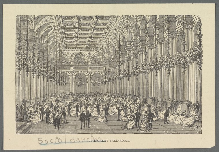 Engraving of hundreds of formally dressed figures dancing and socializing in a vast neoclassical ballroom with columns and a coffered ceiling.