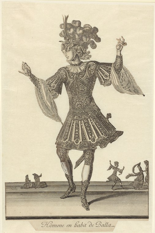 Engraving of a man in elaborate early 18th-century ballet costume: ornate tunic with pleated skirt, decorative hose, tall feathered headdress, arms extended in