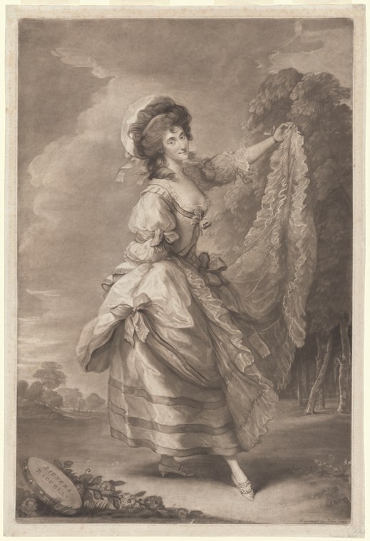 Engraved portrait of a woman in Regency dress holding a tambourine and veil, posed theatrically in a darkened interior.