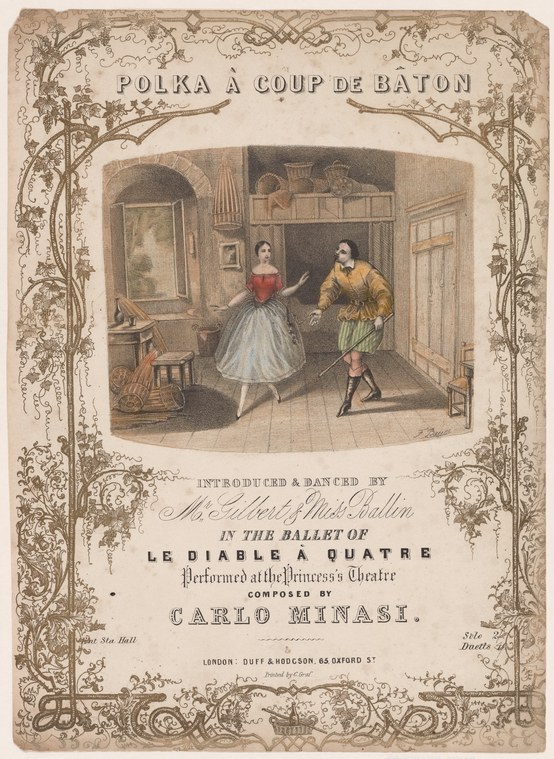 Hand-colored engraving: woman in white tulle skirt leaps with extended leg while man in yellow breeches pursues her in an interior setting.