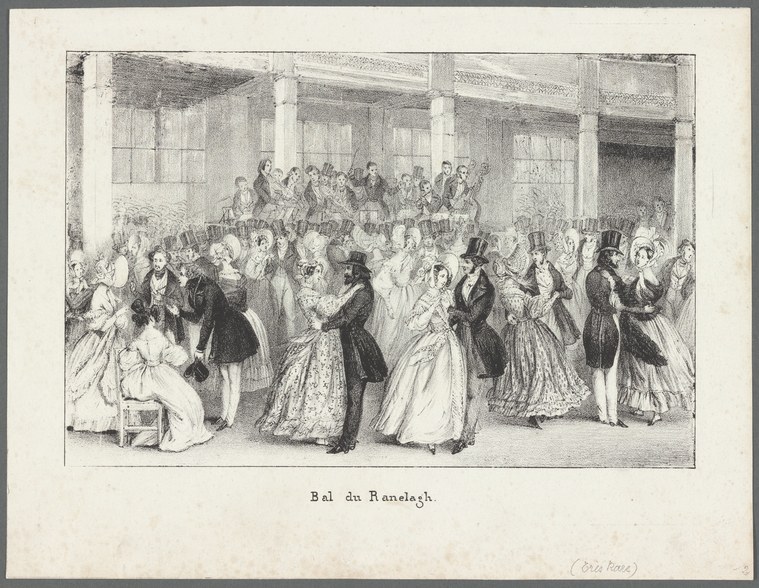A crowded 18th-century ballroom with couples dancing and onlookers in formal dress beneath high ceilings and columns.