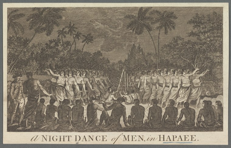 Engraving of men dancing at night in a tropical clearing, watched by seated figures and a European observer, lined with palm trees.