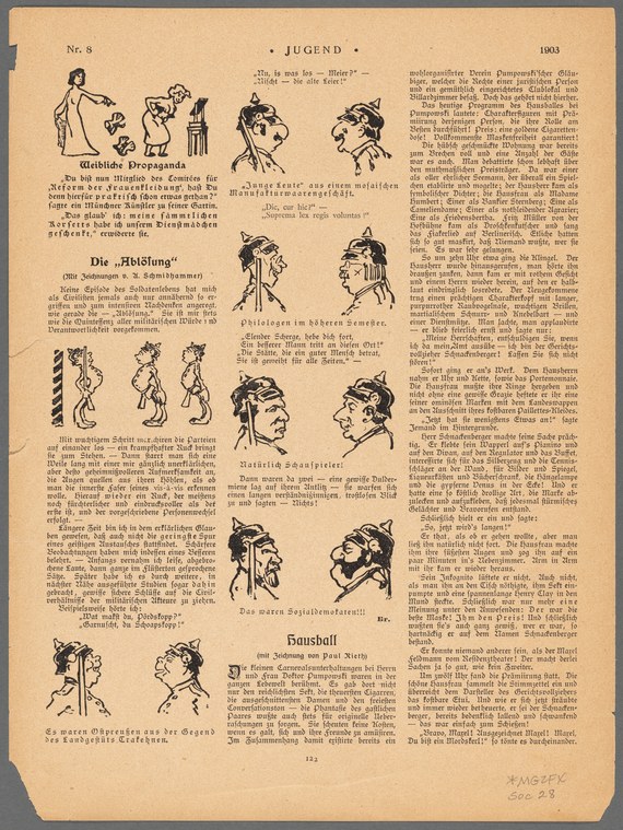 Satirical line drawings of stiffly postured couples dancing in ballroom position, from Jugend magazine, 1903.