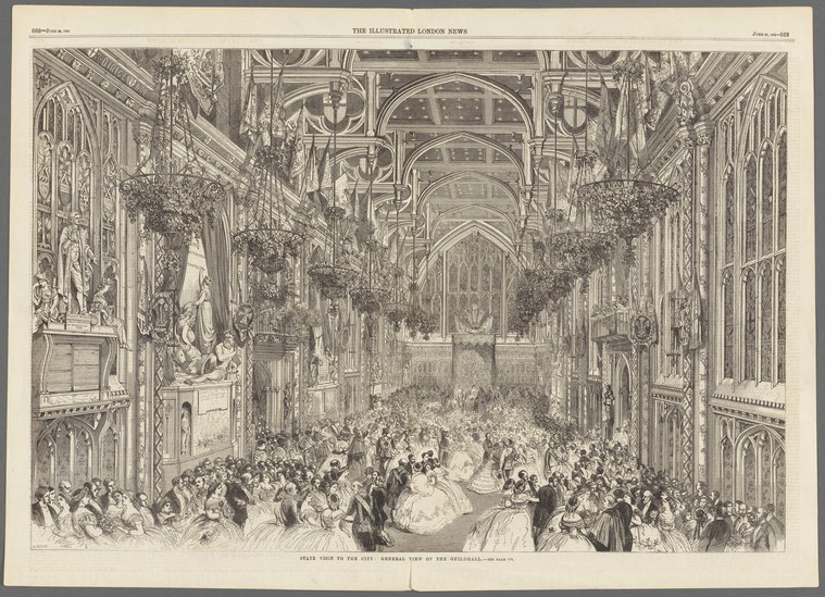Engraved interior of a Gothic hall filled with hundreds of formally dressed figures; couples dance in formation in the center while crowds stand and watch.