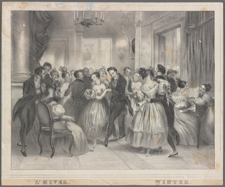 Formal 19th-century ballroom scene: couples dance in closed position while musicians play and observers stand along the walls of an ornate neoclassical