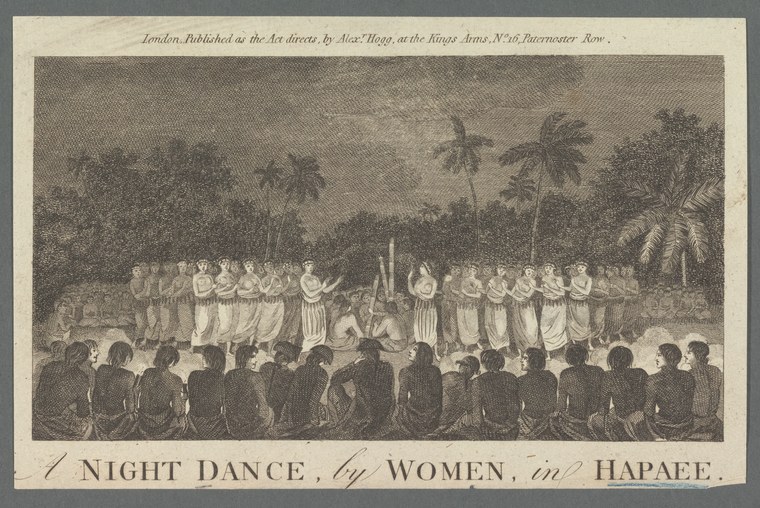 Two facing lines of figures arranged in tropical setting under palm trees; rear line standing in light dress, foreground seated in shadow, suggesting organized