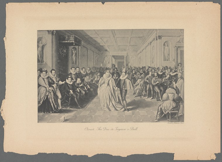 Formal court ball with men and women in Renaissance dress standing and dancing in an ornate interior with columns and a coffered ceiling.