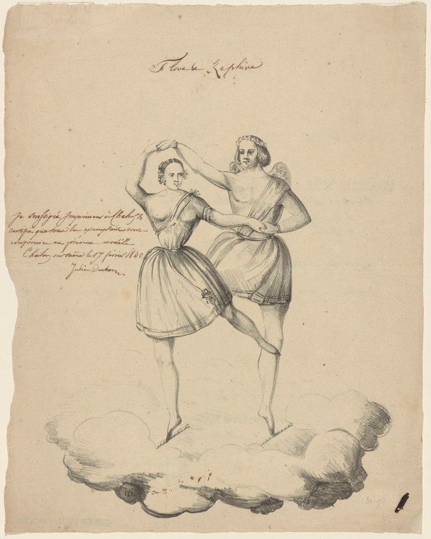 Two classically dressed female figures suspended on a cloud; the taller one supports the smaller figure in an arched pose with raised arm.