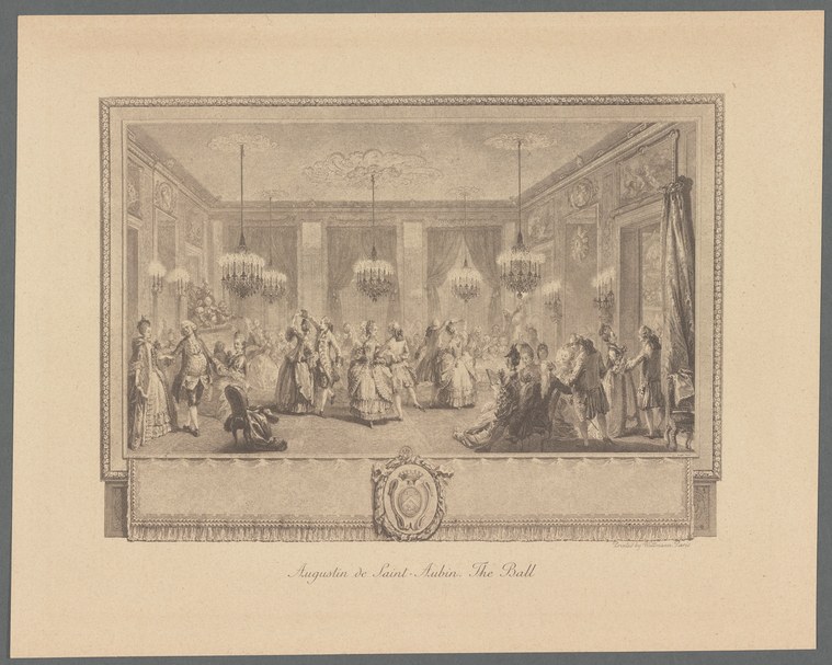 Engraving of a rococo ballroom filled with formally dressed dancers and guests, lit by hanging chandeliers.
