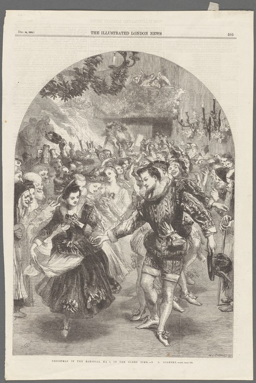 A wood engraving shows a couple waltzing in a crowded Victorian ballroom lit by candlelight, surrounded by formally dressed onlookers.