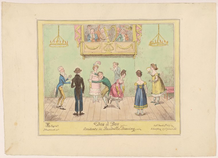 Hand-colored engraving: A woman arches backward sharply during a quadrille dance while a man supports her; other dancers watch in a formal ballroom.