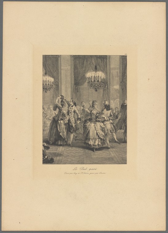 Woman in pale gown at center of formal ball, surrounded by formally dressed figures in columned hall lit by chandeliers.