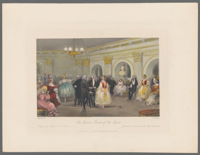 Refined hand-colored engraving of a grand neoclassical ballroom with dozens of figures in formal 19th-century dress, women in pale ball gowns and men in dark