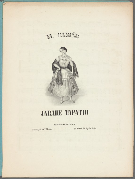 Nineteenth-century engraving of a woman in a full skirt and rebozo standing in a poised pose, titled El Cariño: Jarabe Tapatío.