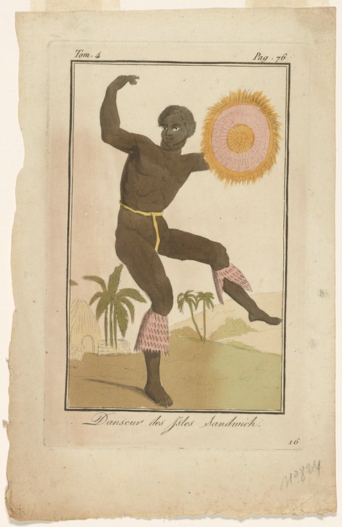A dark-skinned male figure in an acrobatic pose with one leg extended high, arms raised, wearing a patterned hip wrap, against tropical palm trees and a large