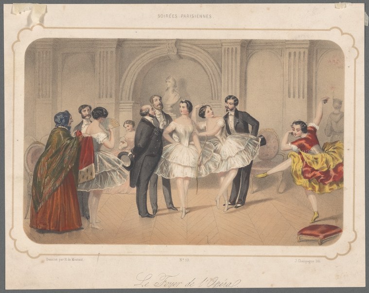 A ballet master adjusts a dancer in white tulle while a second dancer moves nearby; onlookers watch in a classical rehearsal studio.