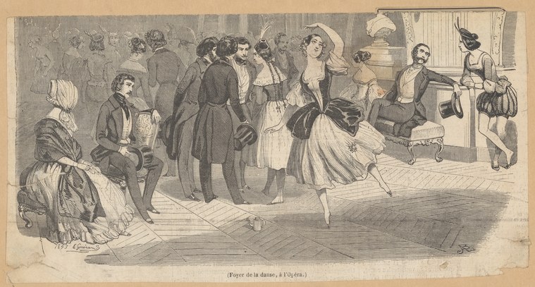 An engraving showing the foyer de a dance academy: a professional female ballet dancer in white sits among fashionably dressed civilians in an elegant interior.