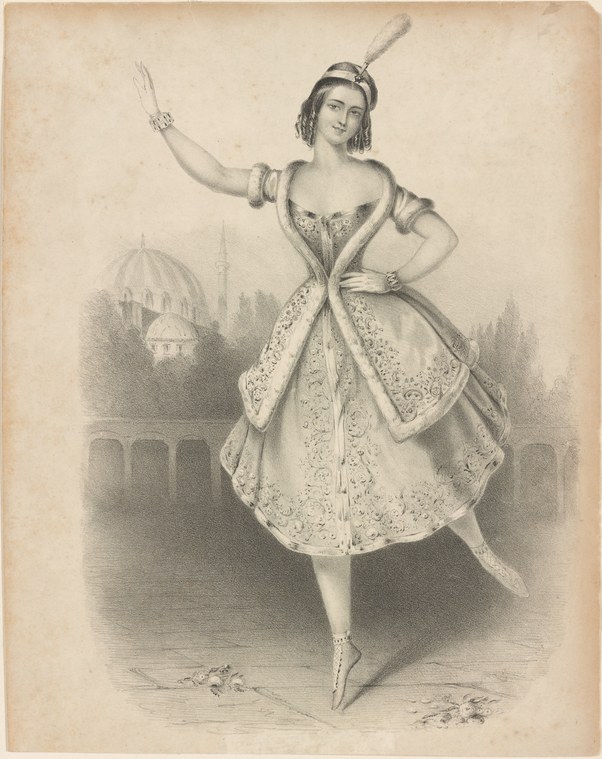 A ballerina in white Romantic-era costume performs an arabesque pose on pointe against an exotic architectural backdrop.